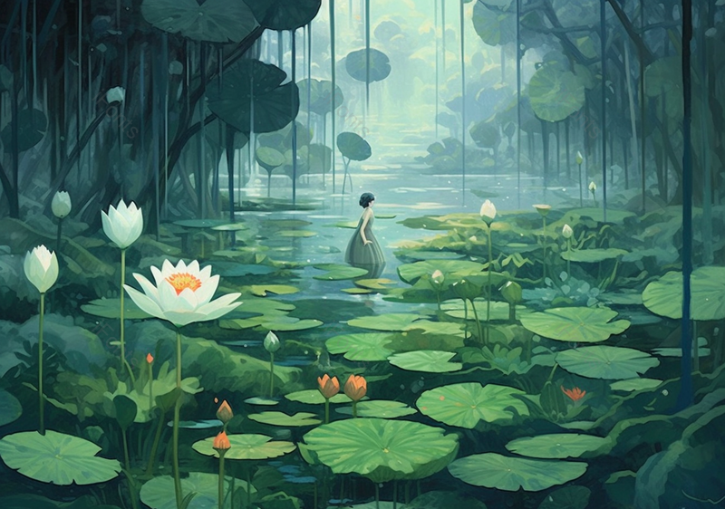 绿色大片荷叶中女孩赏白色荷花,插画/手绘图,插画/手绘图库,插画/手绘图下载,插画/手绘